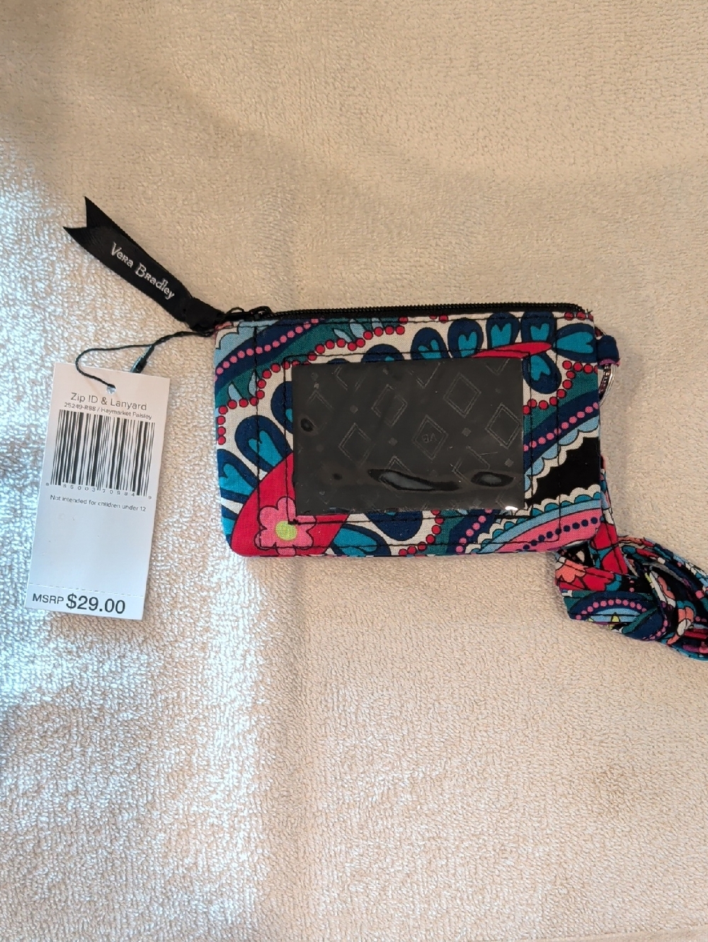 Vera Bradley Paisley Zip ID Case with Lanyard in Blue, Pink & Black
